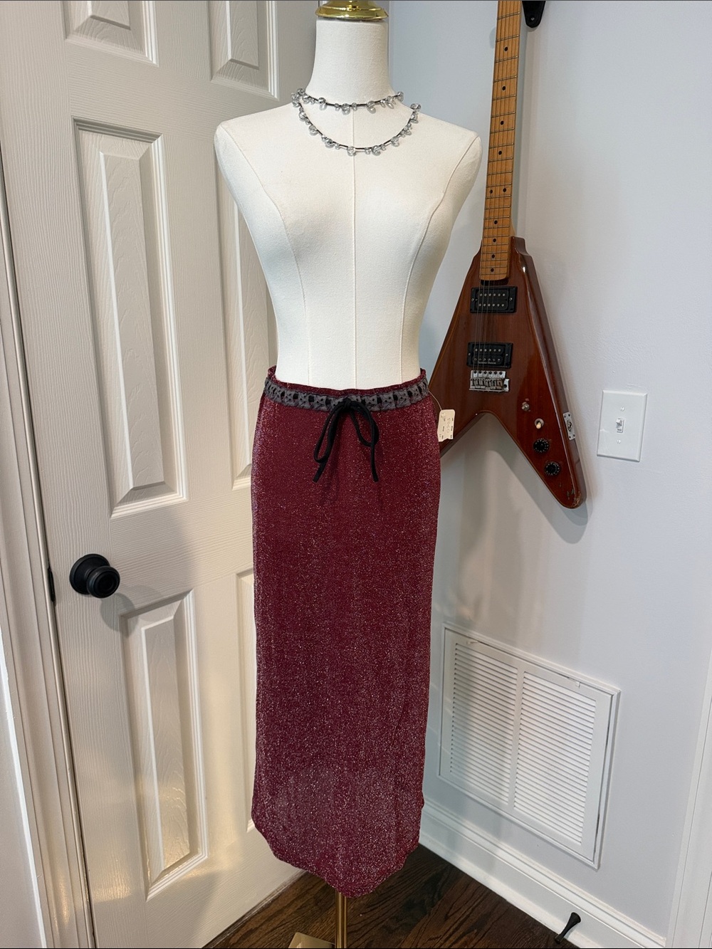 Vintage Metallic Burgundy Maxi Skirt with Drawstring Waist